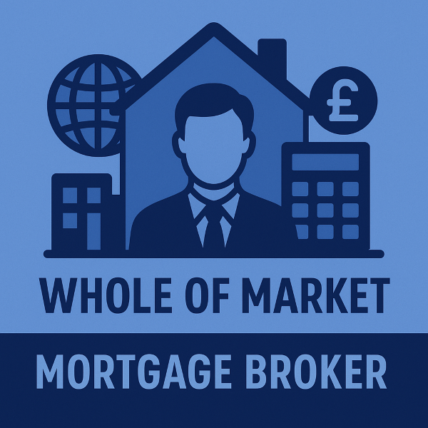 Surrounding symbols include a globe, a calculator, a building, and a pound sterling (£) symbol, representing whole-of-market mortgage options.