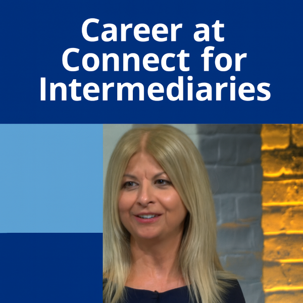 Square 600×600 graphic in dark and light blue with large white Open Sans-style headline “Career at Connect for Intermediaries” at the top, and a photo below of a blonde woman in a dark top against a studio-style background with grey and warm yellow tones;