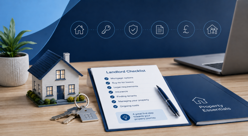 First-Time Landlords After COVID-19 checklist with house model, property keys and mortgage planning documents.