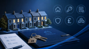 Landlord mortgage interest costs rose by 40%, shown through a rental property portfolio, keys and finance icons.