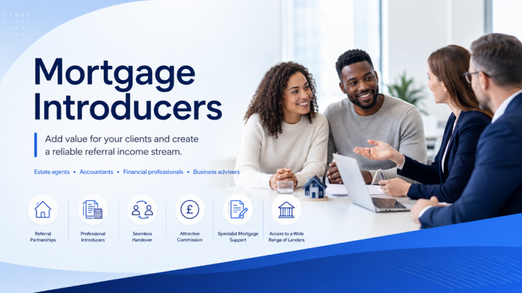 Mortgage Introducers hero image showing a diverse couple meeting with mortgage advisers, with icons for referral partnerships, professional introducers, seamless handover, attractive commission, specialist mortgage support and access to a wide range of lenders.