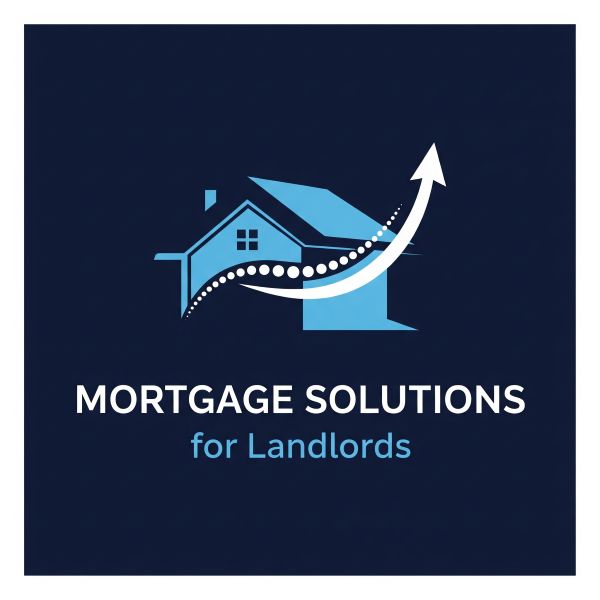 A square dark-blue graphic featuring a light-blue house icon with a white dotted swoosh and upward arrow passing over it. Text underneath reads “MORTGAGE SOLUTIONS” and, in smaller text, “for Landlords