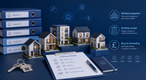 Portfolio Buy-to-Let Lending with multiple rental properties, portfolio review documents, keys and specialist finance icons.