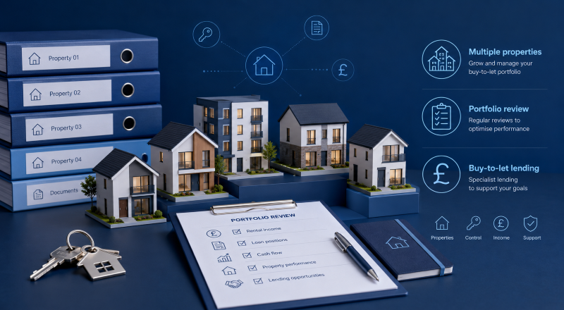 Portfolio Buy-to-Let Lending with multiple rental properties, portfolio review documents, keys and specialist finance icons.