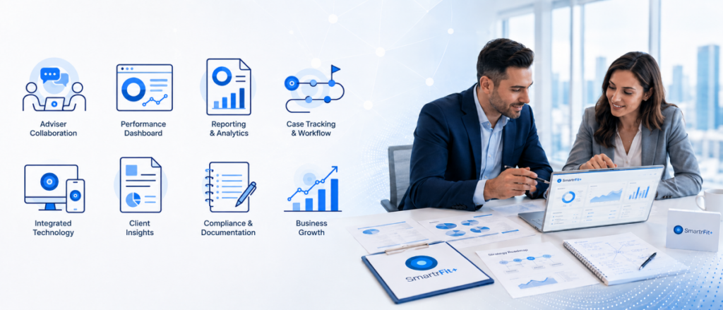 Recommend a Mortgage Network with SmartrFit+ technology, showing brokers reviewing performance dashboards, compliance documents, case tracking and business growth tools.
