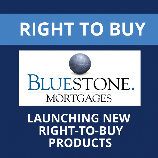 Blue promotional graphic with the heading “Right to Buy” at the top. The Bluestone Mortgages logo is centred, with text underneath reading “Launching New Right-to-Buy Products”, set against a dark blue background.