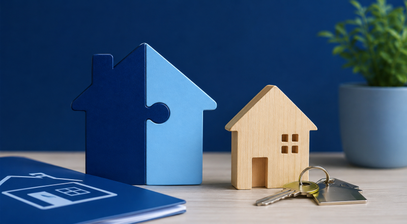 Shared Ownership Scheme in 2021 illustrated with model homes, interlocking house pieces and keys in a blue setting.