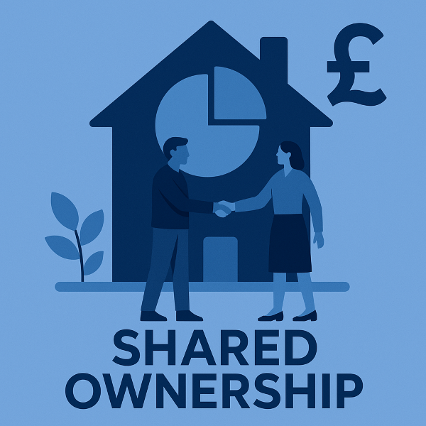 Illustration of two people shaking hands in front of a house with a pie-chart symbol inside, representing the Shared Ownership Scheme. The design uses blue branding colours to convey partnership and part-ownership.
