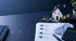 Buy-to-Let Landlords and Tenants property investment planning with house model, keys, rental documents and calculator