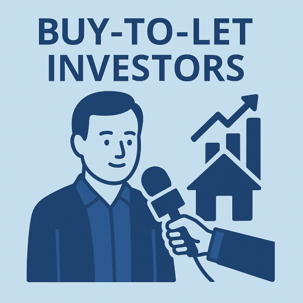 Square 600×600 flat illustration in two blue tones showing a person being interviewed. A hand holds an interview microphone toward a suited figure on the left, while a simple house icon and upward bar/arrow graphic appear on the right. Large headline text reads “BUY-TO-LET INVESTORS”