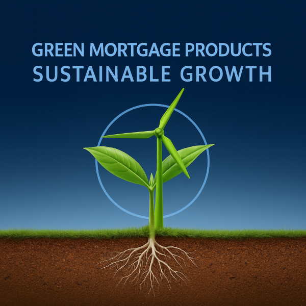 A square graphic with a deep-to-light blue gradient background. Centered is a green wind turbine merged with a sprouting plant above grass and visible soil with roots, surrounded by a faint glowing circle. Large light-blue text at the top reads “GREEN MORTGAGE PRODUCTS” and “SUSTAINABLE GROWTH.