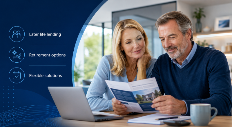 Pure Retirement later life lending options with a blond-haired woman and bearded man reviewing retirement documents at home