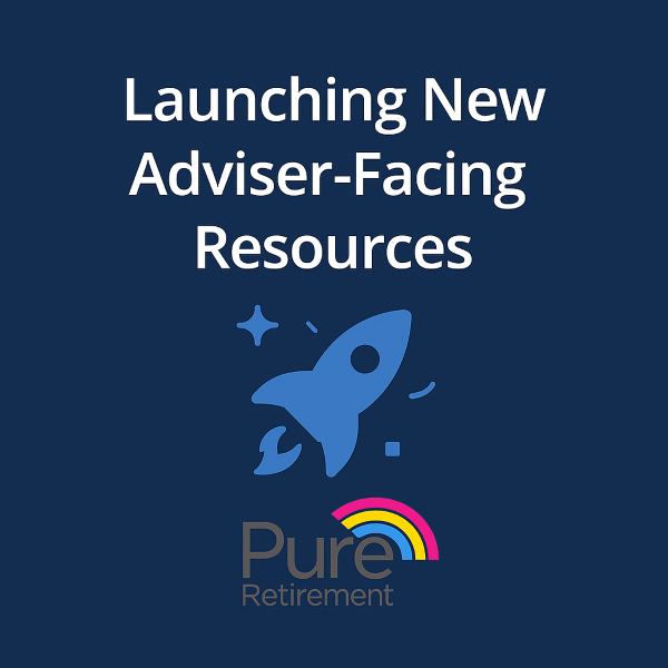 Square graphic with a dark navy-to-blue gradient background. Large white headline text reads “Launching New Adviser-Facing Resources” across three lines. Below the headline is a light-blue rocket icon with small decorative spark/shape accents. At the bottom sits the “Pure Retirement” logo, including the wordmark and a multicolour rainbow arc.