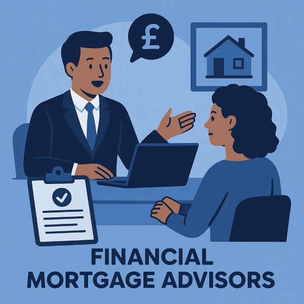 Illustration of a financial mortgage advisor meeting with a client. The advisor sits at a desk with a laptop, explaining mortgage options. A clipboard with a checklist, a house icon, and a pound symbol appear in the scene. The design uses branded blue tones.