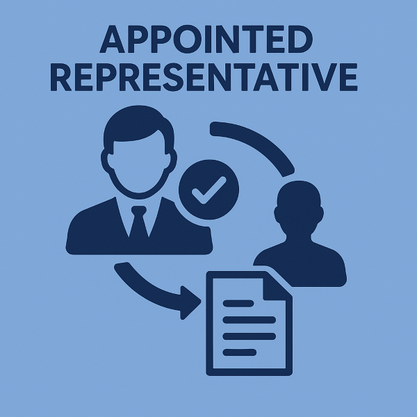 Flat blue vector illustration showing an appointed representative concept, with two human icons, a circular arrow, a checkmark symbol, and a document.
