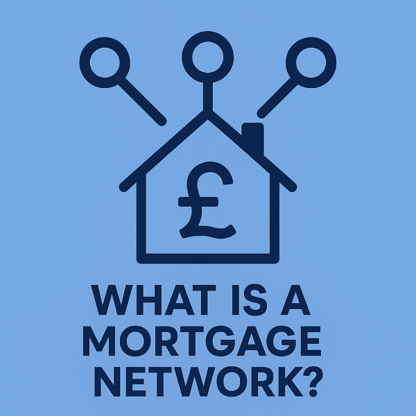 A blue and navy graphic of a house with a large pound symbol inside it, connected to three circular nodes above, representing a mortgage network. Below the icon is the text ‘What Is a Mortgage Network?’ in bold navy lettering.