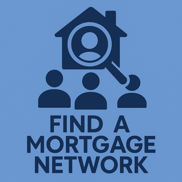 A minimalist blue graphic showing three people icons beneath a house with a magnifying glass, symbolising connection and search within the mortgage industry. Text reads “Find A Mortgage Network” in bold navy font.