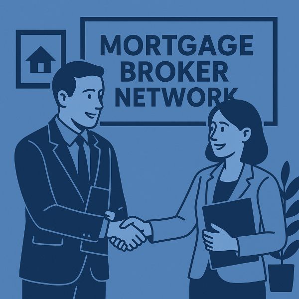 Illustration of two mortgage professionals shaking hands in front of a sign that reads ‘Mortgage Broker Network’, symbolising joining a broker network. The design uses blue branding colours with simple, clean shapes.