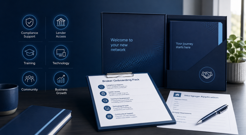 What Happens When You Join a Mortgage Network? Broker onboarding pack showing compliance support, lender access, training, technology and business growth.