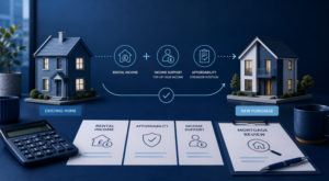 Top-Slicing and Let-to-Buy mortgage concept showing rental income, affordability assessment and a new property purchase.
