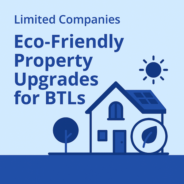 Square 600x600 graphic in light blue and dark blue. Large headline reads “Limited Companies” and “Eco-Friendly Property Upgrades for BTLs” in a clean sans-serif style. On the right is a simple line illustration of a house with a solar panel on the roof, a sun icon above, a tree on the left, and a circular leaf badge on the lower right.