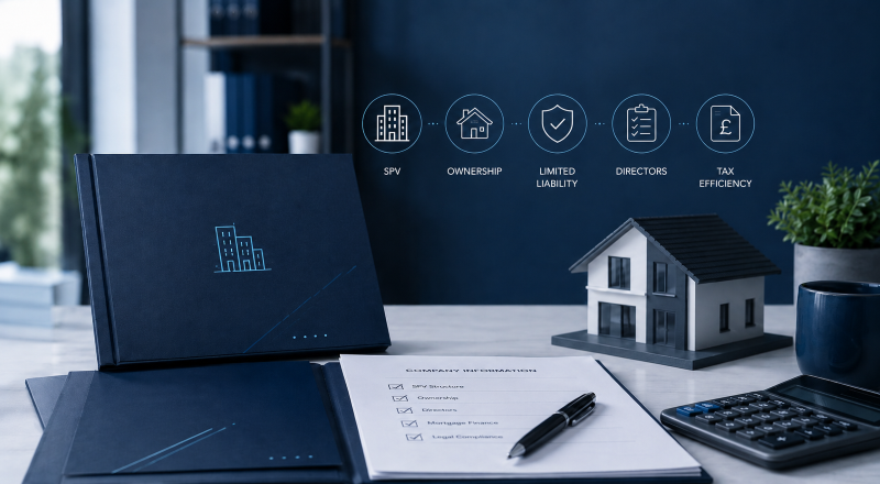 Limited Company Buy-to-Let Guide with SPV, ownership, liability, directors and tax efficiency icons beside a model property and company documents.