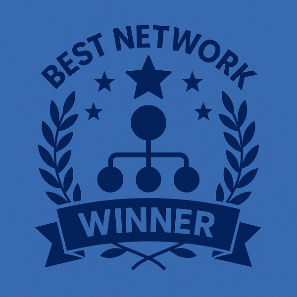 Badge-style graphic in two blue tones showing a central network icon, stars, and laurel branches, with the words “Best Network Winner” displayed on a ribbon banner.