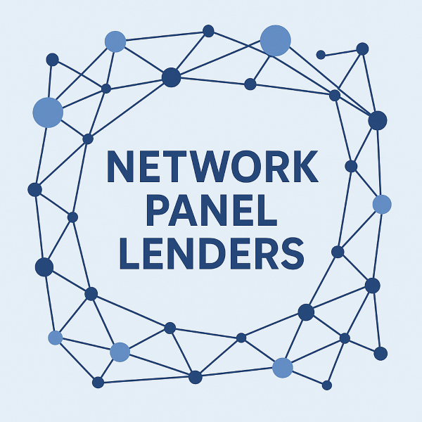 A square 600 by 600 graphic with the words “Network Panel Lenders” in bold navy lettering, surrounded by an interconnected network of blue and navy nodes and lines.