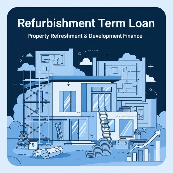 Square blue-toned graphic with the headline “Refurbishment Term Loan” and subheading “Property Refreshment & Development Finance” at the top. Below is a line illustration of a house renovation scene with scaffolding, ladders, construction materials, blueprints in the background, stacks of coins, and an upward arrow with a bar chart indicating growth.