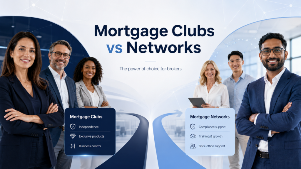Mortgage Clubs vs Networks hero image showing diverse mortgage professionals comparing the benefits of mortgage clubs and mortgage networks, including independence, compliance support, training, business control and broker growth.