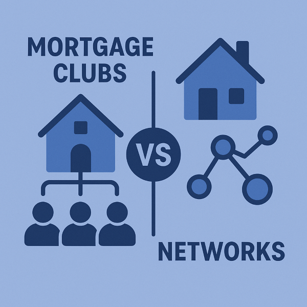 A flat design illustration comparing mortgage clubs and networks. The left side shows a house icon connected to three adviser icons labelled “Mortgage Clubs”, while the right side shows a house icon linked with network-style nodes labelled “Networks”. A bold “VS” symbol sits in the centre.