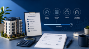 Buy-to-Let Affordability assessment with rental income, monthly costs, deposit and mortgage payment icons.