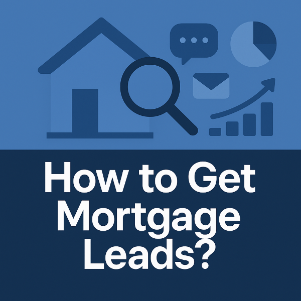 A clean 600x600 graphic with a modern mortgage-marketing theme. The design includes icons such as a house, a magnifying glass, and digital marketing symbols like messages and charts. The text “How to Get Mortgage Leads?” appears prominently in a bold, professional style.