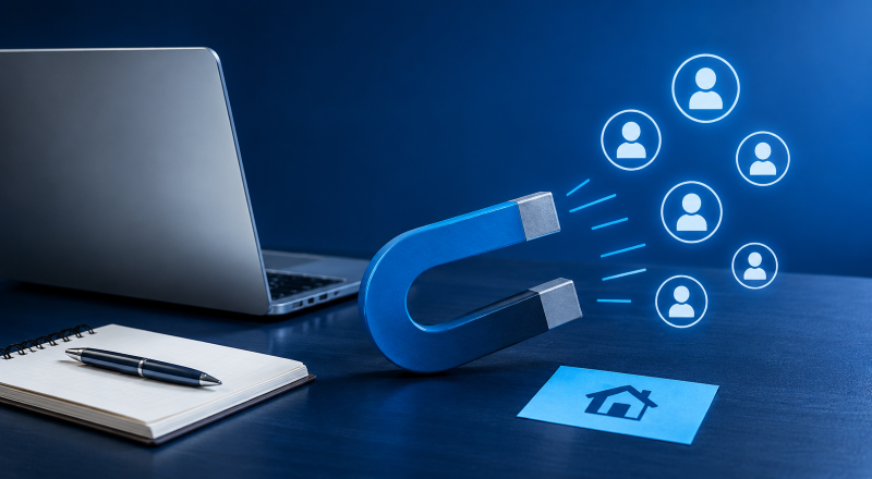 Mortgage Lead Generation concept showing a laptop, lead magnet and customer icons in Connect’s dark and light blue brand colours.
