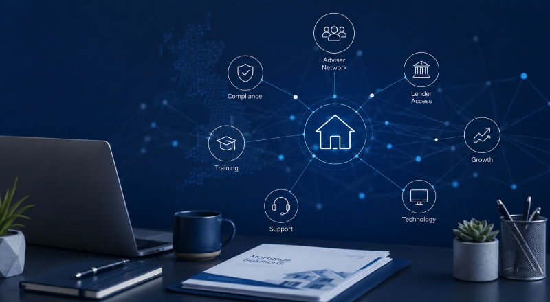 Adviser Mortgage Network with connected icons for compliance, training, lender access, technology, support and business growth.