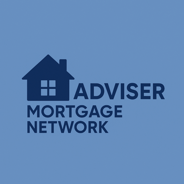 A modern mortgage adviser network logo featuring a dark blue house icon with a window beside bold dark blue text reading Adviser Mortgage Network, set against a light blue background.