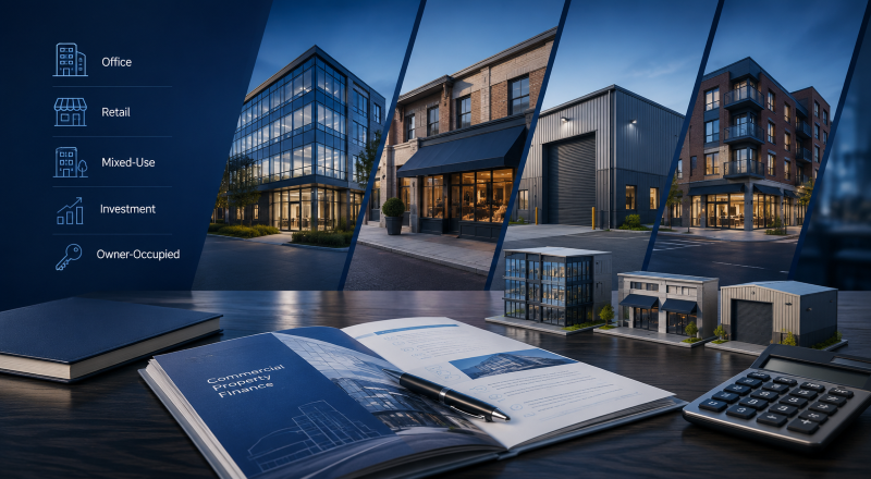 Commercial Mortgage Case Assessment showing office, retail, mixed-use and industrial property finance options.