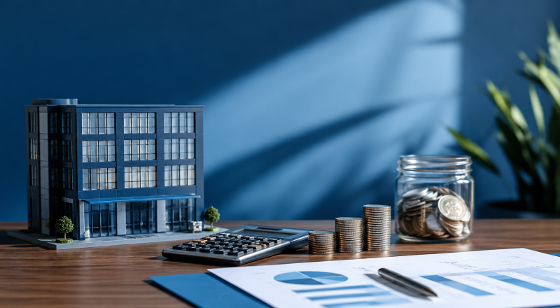 Commercial Mortgage Deposit planning with a commercial property model, calculator, coins and financial documents.