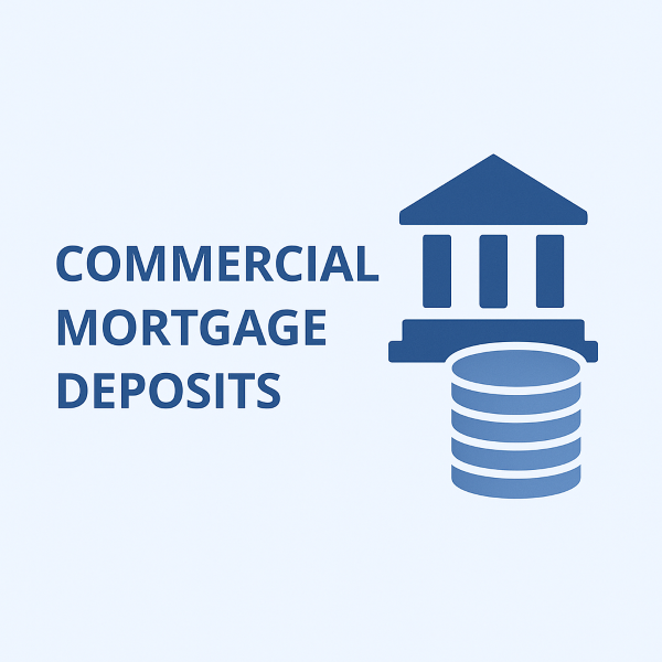 Square 600×600 graphic with a pale blue gradient background. Large, bold, uppercase text on the left reads “COMMERCIAL MORTGAGE DEPOSITS” in a dark blue sans-serif style. On the right is a simple dark-blue bank/building icon above a stacked-coin symbol in lighter blue and dark blue.