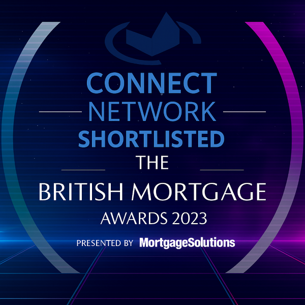 A 600x600 promotional graphic featuring “CONNECT NETWORK SHORTLISTED” in bold, uppercase Open Sans in light and dark blue, overlaid on the original “The British Mortgage Awards 2023” background image with its colours preserved. The design includes a dark, starry gradient backdrop with neon blue and purple accents, circular arc elements on the left and right, and the text “THE BRITISH MORTGAGE AWARDS 2023” and “Presented by MortgageSolutions” visible beneath the Connect Network shortlisted headline.