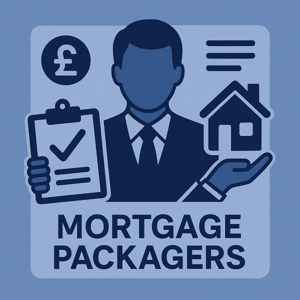 A flat-style illustration of a mortgage packager wearing a suit, holding a clipboard with a checkmark in one hand and a house icon in the other, with financial symbols around them.