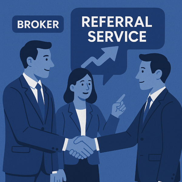 Illustration of three business professionals in blue tones. Two male brokers shake hands while a female colleague stands between them pointing upward. Speech bubbles display the words 'Broker' and 'Referral Service' with an upward arrow, representing a broker referral service.