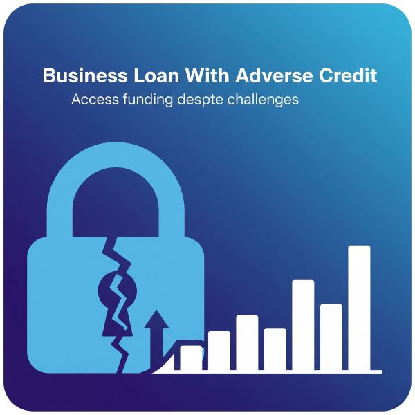 Square graphic with rounded corners and a blue gradient background. At the top, white text reads ‘Business Loan With Adverse Credit’, with a smaller subtitle saying ‘Access funding despite challenges’. On the left is a large cracked padlock icon in light blue, symbolising credit difficulties. On the right is a white upward bar chart with an arrow, representing business growth and improved financial prospects.