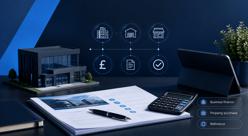 Commercial Loans Explained with business finance documents, a commercial property model, calculator and lending icons.