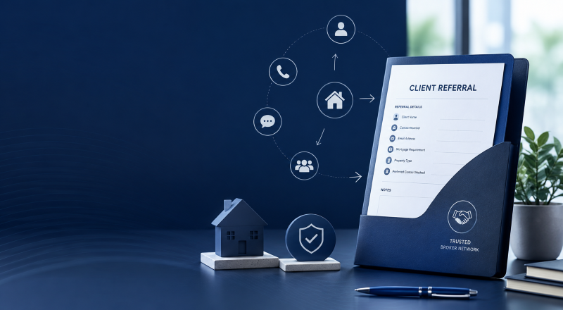 Mortgage Broker Referral Service with trusted client referral documents, property and secure broker network icons.