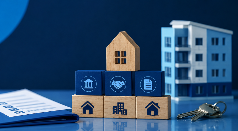 Specialist Lender Acquisitions concept image showing branded blue property finance blocks, a house icon, document symbols, apartment model and keys on a desk.