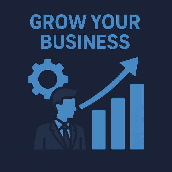 A flat, minimalist business-themed graphic in dark blue and light blue tones showing the words “Grow Your Business” above an upward-trending bar chart, an arrow, a gear icon, and a simplified figure in a suit representing business growth and development.