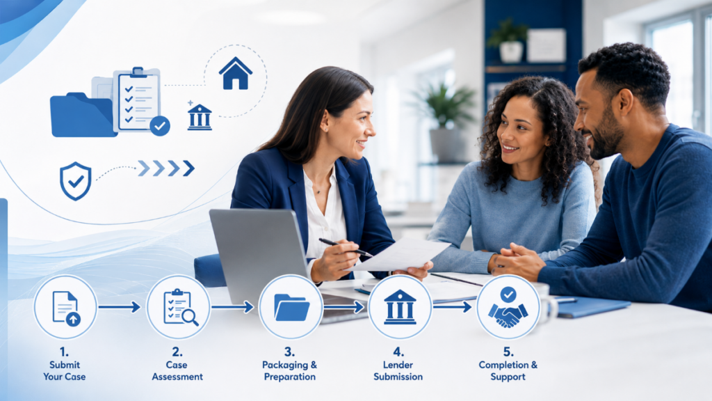 Mortgage Packaging for Brokers hero image showing a broker meeting with clients and a five-step packaging process: submit your case, case assessment, packaging and preparation, lender submission, and completion and support.