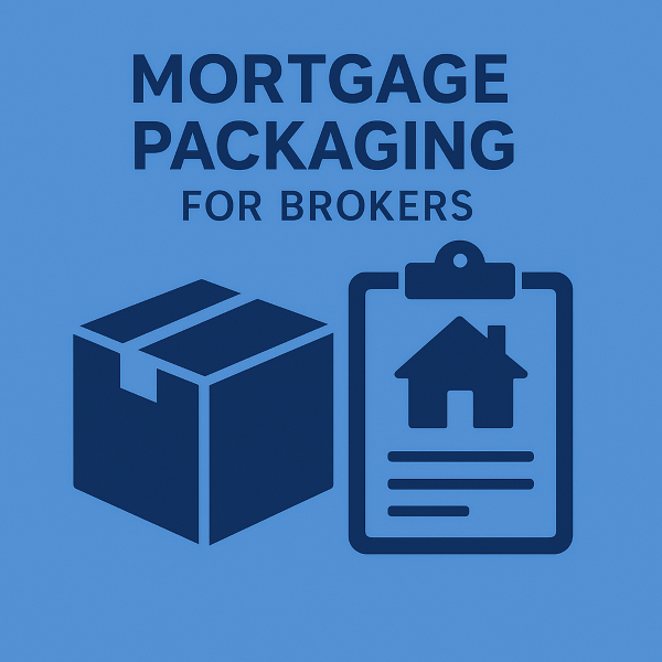 A flat blue-toned graphic showing a cardboard box and a clipboard with a house icon, representing mortgage packaging services for brokers.
