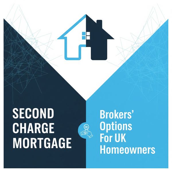 Square promotional graphic split diagonally into dark navy (left) and light blue (right) panels with a white centre. At the top is a house logo in dark blue and light blue. Left panel text reads “SECOND CHARGE MORTGAGE”; right panel text reads “Brokers’ Options For UK Homeowners”. Subtle abstract line patterns appear in the background.